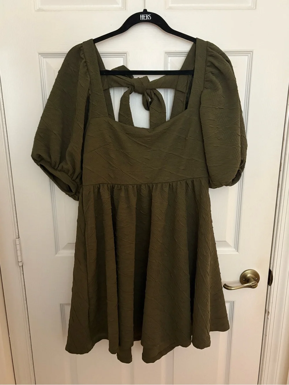 Free People Olive Green Puff-Sleeve Mini Dress